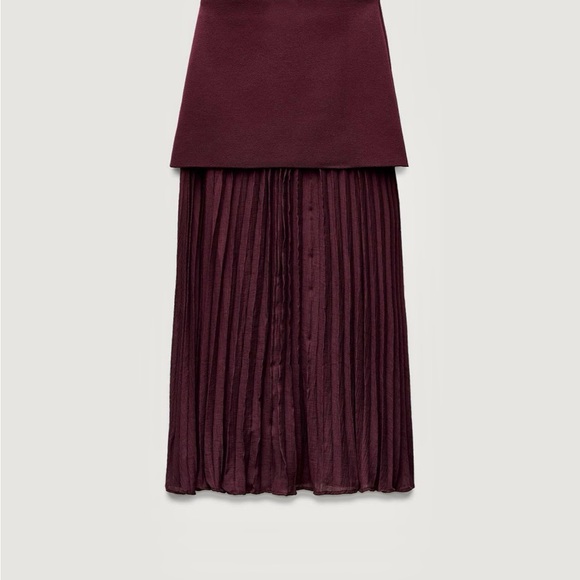 Zara NWT burgundy drop waist double layered underlay mixed pleated knit skirt - Picture 12 of 15